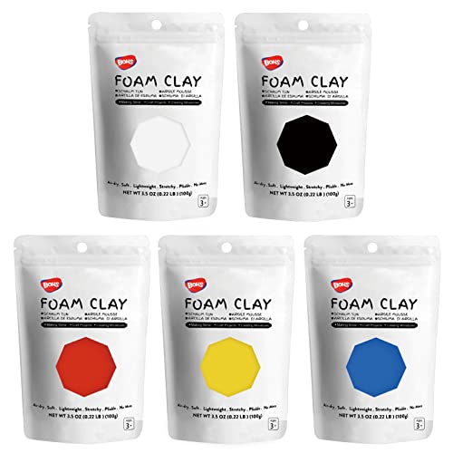 BOHS Primary Colours Foam Modeling Clay - Squishy, Air Dry, Soft - for School Projects,Baby Hand Print,Slime,Fake Bakes - Gifts for Adults and Kids - 5 pcs,1.1 Lbs