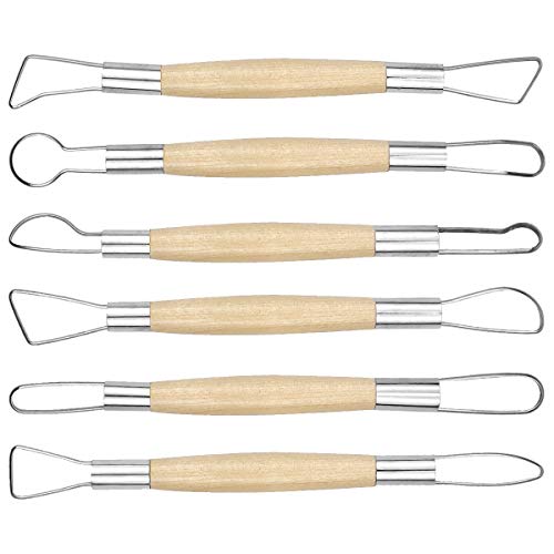6 Pcs Clay Sculpting Tools Set Pottery Clay Modelling Carving Tool Double Ended Stainless Steel Pottery Ribbon Sculpture Cutter with Wooden Handle for Pottery Ceramics Sculpture Carving DIY Craft