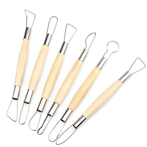 6 Pcs Clay Sculpting Tools Set Pottery Clay Modelling Carving Tool Double Ended Stainless Steel Pottery Ribbon Sculpture Cutter with Wooden Handle for Pottery Ceramics Sculpture Carving DIY Craft