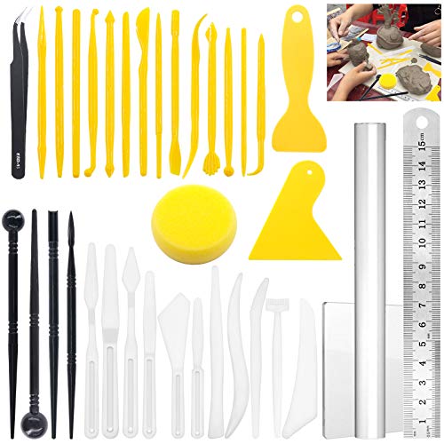 Glarks 36Pcs Carving Modeling Clay Sculpting Tools Set Including Plastic Modeling Tools, Yellow Crafts Clay Modeling Tools and Clay Sculpting Tools for Embossing Art, Coloring, Nail Art Painting