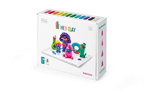 Hey Clay E73361 Monsters Set-Colourful Modeling Kids-Air Dry Clay Kit 15 cans and Sculpting Tools with Fun Interactive Instructions App, Multicoloured