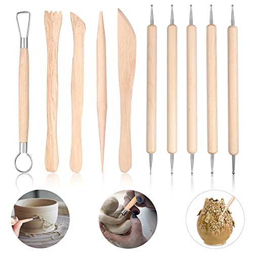 Clay Tools, Polymer Clay Tools,10PCS Clay Modelling Tools Kit, Wooden Clay Sculpting Tools, Kids Pottery Kit for Dot Lines Emboss in Clay Ceramics Paper Flower Art.