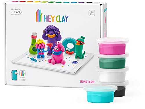 Hey Clay E73361 Monsters Set-Colourful Modeling Kids-Air Dry Clay Kit 15 cans and Sculpting Tools with Fun Interactive Instructions App, Multicoloured