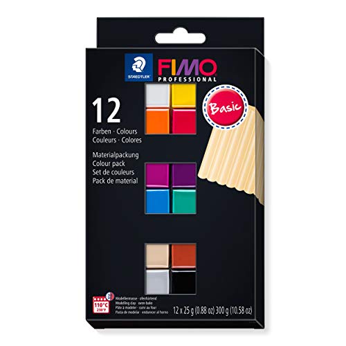 STAEDTLER 8043 C12-1 FIMO Professional Oven-Hardening Polymer Modelling Clay - Assorted Colours (Pack of 12 x 25g Blocks)