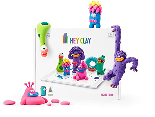 Hey Clay E73361 Monsters Set-Colourful Modeling Kids-Air Dry Clay Kit 15 cans and Sculpting Tools with Fun Interactive Instructions App, Multicoloured
