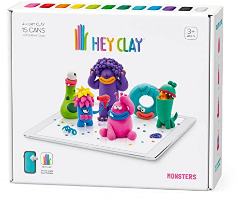 Hey Clay E73361 Monsters Set-Colourful Modeling Kids-Air Dry Clay Kit 15 cans and Sculpting Tools with Fun Interactive Instructions App, Multicoloured