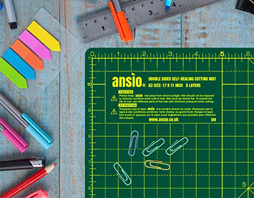 ANSIO Craft Cutting Mat Self Healing A3 Double Sided 5 Layers - Quilting, Sewing, Scrapbook, Fabric & Papercraft - Imperial/Metric 17 Inch x 11 Inch / 42cm x 27cm - Green/Green