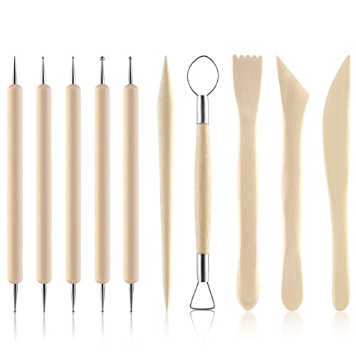 Grevosea 10 Pieces Polymer Clay Tools, Clay Sculpting Tools Clay Modelling Tools Wooden Clay Tools Pottery Tools Kit for DIY Art Crafts Modeling Shaping Carving Dotting Lines Emboss