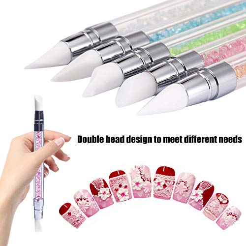 Hanyousheng 5Pcs Silicone Nail Art Sculpture Pen, Dual Tipped Silicone Rhinestone Nail Polish Carving Pen, Nail Art DIY Decoration Tool Nail Polish Brush Dotting Salon Tool Set