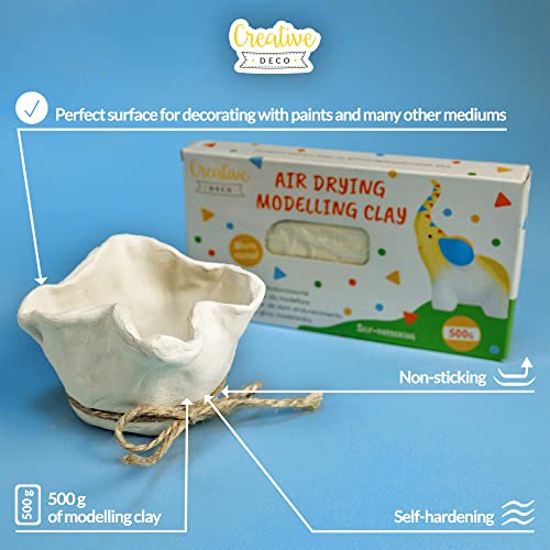 Creative Deco Air Dry Clay | 500g White Clay | Air Drying Clay Perfect Modelling Clay for Kids, Adult, Teenagers and Artist in Craft & DIY Projects | Self-Hardening & Non-Sticking Polymer Clay