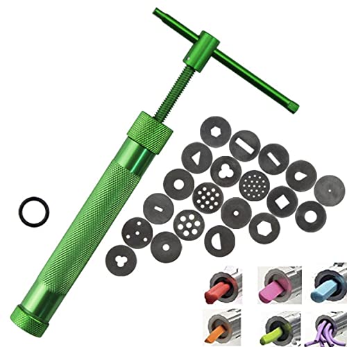 Techson Clay Extruder Kit, Stainless Steel Fondant Sugar Paste Exturder Gun with 20 Different Tips, Cake Decorating Tool Set (Green)