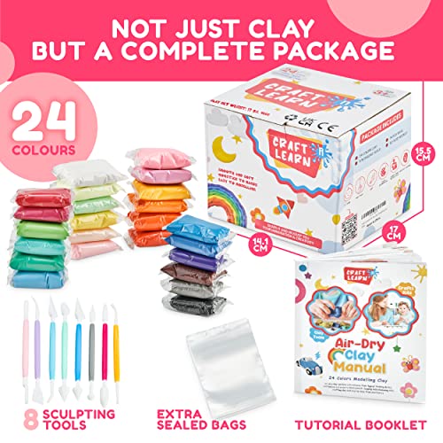 24 Colors Air Dry Clay For Kids With 8 Modelling Clay Tools, Project Booklet & 24 Poly Bags for Sculpting, DIY, Art & Crafts – Ultra light, Fine, Soft, Self Drying Foam Clay –Perfect Gift for All Ages