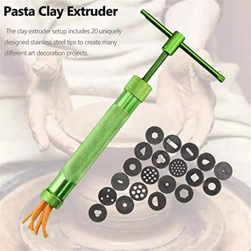 Techson Clay Extruder Kit, Stainless Steel Fondant Sugar Paste Exturder Gun with 20 Different Tips, Cake Decorating Tool Set (Green)