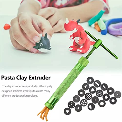Techson Clay Extruder Kit, Stainless Steel Fondant Sugar Paste Exturder Gun with 20 Different Tips, Cake Decorating Tool Set (Green)