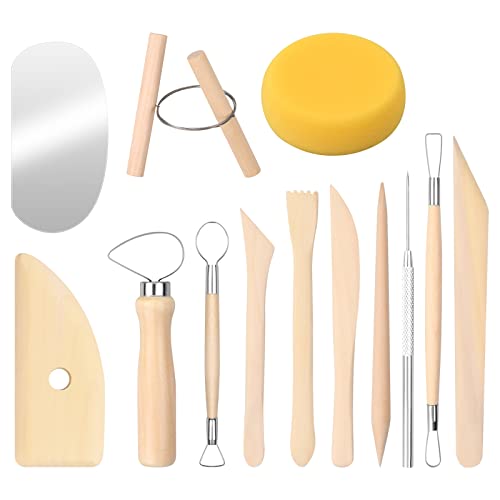 13 Pcs Pottery Sculpting Tool Set, Wooden Metal Pottery Carving Tool, Polymer Clay Tools for Adults Beginner, Ceramic Clay Modeling Tool Kit for Embossing Engraving Shaping Carving Dotting Smoothing