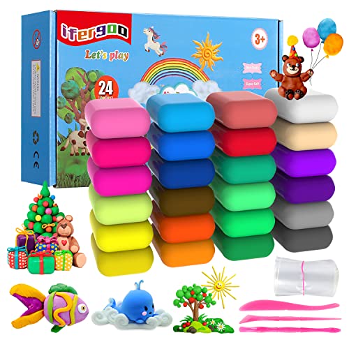 Air Dry Clay Kit,iFergoo 24 Colors Modeling Clay for Kids,with Free Tools and Manuals,Wonderful Air Hardening Clay,Educational Creative Gift for Kids.