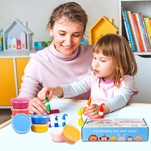24 Colors Air Dry Clay Ultra Light Modeling Soft Clay Set with Modeling Tools and Project, No-Sticky and Non-Toxic Best DIY Educational Creative Gift for Kids