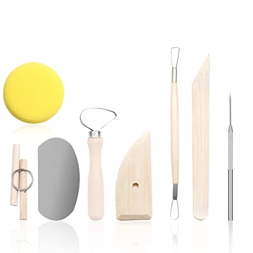 Andiker Clay Tools 8 PCS, Pottery Sculpting Tool Set, Wood and Metal Pottery Clay Modeling Tool for Beginners Ceramic Clay Tools for Pottery Ceramics Sculpture, Carving, Scraper