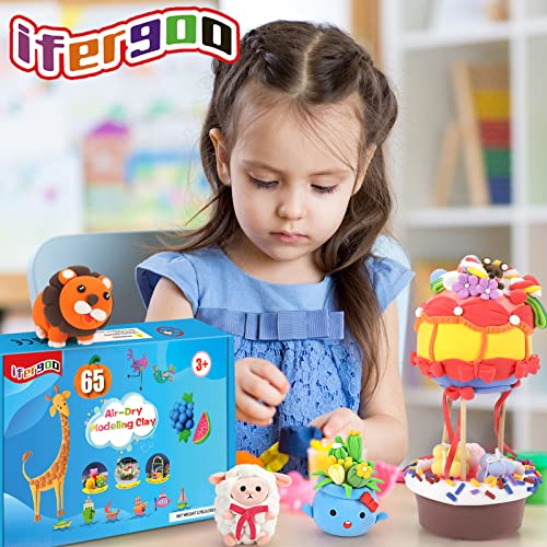 iFergoo Air Dry Clay, 65 Colours Modelling Clay for Kids, Safe and No-Toxic Modeling Clay & Dough, Soft & Stretchable DIY Magic Clay with Tools, Children Boys Girls Toys Gifts