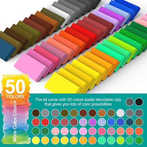 Polymer Clay 50 Colors 1.25Kg/2.75LB Nontoxic Oven Bake Clay Blocks Set Modelling Clay DIY Craft Kits Best Christmas and Birthday Gifts for Kids