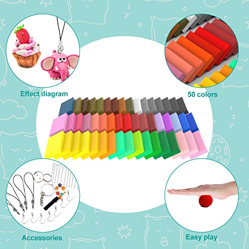 Polymer Clay 50 Colors 1.25Kg/2.75LB Nontoxic Oven Bake Clay Blocks Set Modelling Clay DIY Craft Kits Best Christmas and Birthday Gifts for Kids