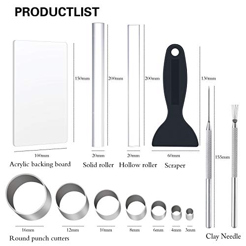 ShipeeKin Acrylic Clay Rolling Pins + 7pcs Round Hole Punch Cutters Dotting Mold + 2pcs Clay Modeling Sculpture Needles + Acrylic Backing Board with Shovel Scraper Tool for Clay Pottery Craft