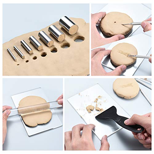 ShipeeKin Acrylic Clay Rolling Pins + 7pcs Round Hole Punch Cutters Dotting Mold + 2pcs Clay Modeling Sculpture Needles + Acrylic Backing Board with Shovel Scraper Tool for Clay Pottery Craft