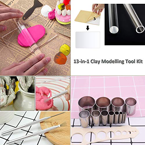 ShipeeKin Acrylic Clay Rolling Pins + 7pcs Round Hole Punch Cutters Dotting Mold + 2pcs Clay Modeling Sculpture Needles + Acrylic Backing Board with Shovel Scraper Tool for Clay Pottery Craft