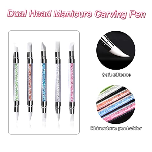 Qufiiry 5Pcs Silicone Nail Art Brush, Dual Head Manicure Carving Pen, Nail Art DIY Decoration Tool Nail Polish Brush Dotting Salon Tool Set