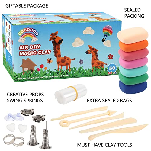 COCOBOO Air Dry Clay Kit, 50 Colors Ultra Light Modeling Clay for Kids No-Toxic Magic Clay Dough with Book, Accessories And Tools, Air Drying Clay for Girls And Boys…