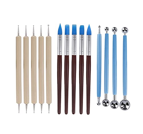Polymer Clay Tool,14 PCS Clay Sculpting Tools 5 Wooden Dotting Tools+5 Rubber Clay Modelling Tools+4 Ball Stylus Tool for Pottery Sculpture Painting Carving Embossing Nail Art DIY Cake Decorating