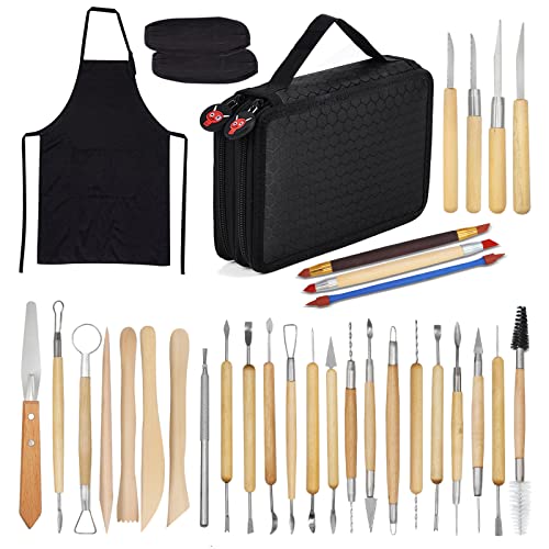 Clay Sculpting Tools,YZNlife Set of 30 Pottery Tools Clay Modelling Tools Kit Wood Clay Carving Tools Set with Storage Bag,Apron and Sleeves