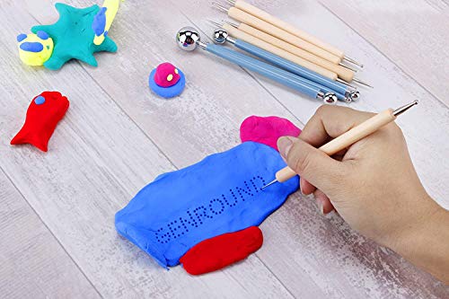 Polymer Clay Tool,14 PCS Clay Sculpting Tools 5 Wooden Dotting Tools+5 Rubber Clay Modelling Tools+4 Ball Stylus Tool for Pottery Sculpture Painting Carving Embossing Nail Art DIY Cake Decorating