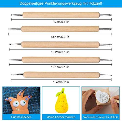 Polymer Clay Tool,14 PCS Clay Sculpting Tools 5 Wooden Dotting Tools+5 Rubber Clay Modelling Tools+4 Ball Stylus Tool for Pottery Sculpture Painting Carving Embossing Nail Art DIY Cake Decorating