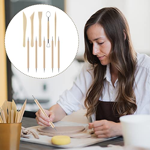 Thinp 10 Pieces Polymer Clay Tools, Wooden Clay Sculpting Tools Clay Modelling Tools Pottery Tools Kit for Adults Kids Pottery Craft Sculpting Modeling Shaping Carving and Dotting