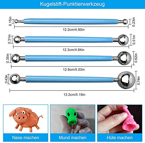 Polymer Clay Tool,14 PCS Clay Sculpting Tools 5 Wooden Dotting Tools+5 Rubber Clay Modelling Tools+4 Ball Stylus Tool for Pottery Sculpture Painting Carving Embossing Nail Art DIY Cake Decorating