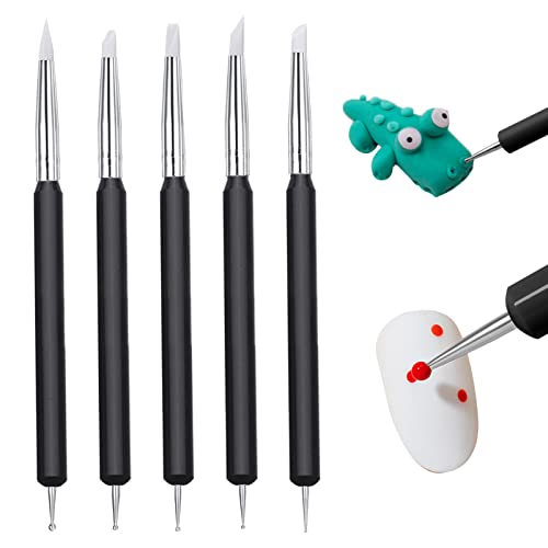 5 Clay Sculpting Tools, Pottery Kit Modelling Polymer Clay Dotting Tools Silicone Soft Rubber Tip Modelling Pen Paint Brush for Ceramic Pottery Sculpture Fondant Shaping Painting Nail Beauty (Black)