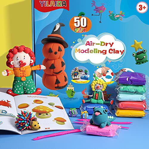 YILAIDA Air Dry Clay, 50 Colors Modeling Clay Ultra Light Non-Toxic Magic Air Drying Clay with Modeling Tools, Accessories and Booklet Art Craft Gift to Kids and Beginner