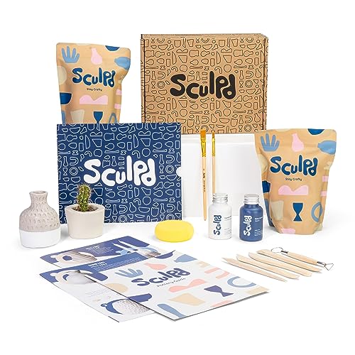 Sculpd Pottery Kit, Air-Dry Clay Starter Kit for Beginners with Matte Varnish, Pottery Kit Includes: Paint, Tool Set, Paintbrushes, Sponge and Step-by-Step Guide, Air Drying Clay Kit for Adults