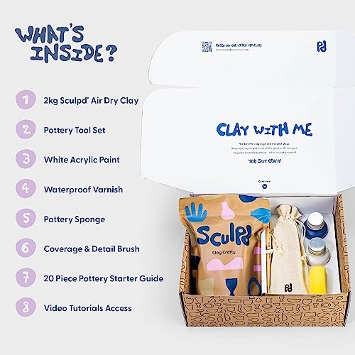 Sculpd Pottery Kit, Air-Dry Clay Starter Kit for Beginners with Matte Varnish, Pottery Kit Includes: Paint, Tool Set, Paintbrushes, Sponge and Step-by-Step Guide, Air Drying Clay Kit for Adults