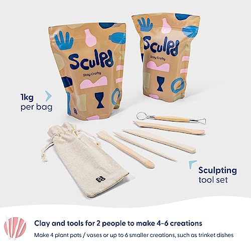 Sculpd Pottery Kit, Air-Dry Clay Starter Kit for Beginners with Matte Varnish, Pottery Kit Includes: Paint, Tool Set, Paintbrushes, Sponge and Step-by-Step Guide, Air Drying Clay Kit for Adults
