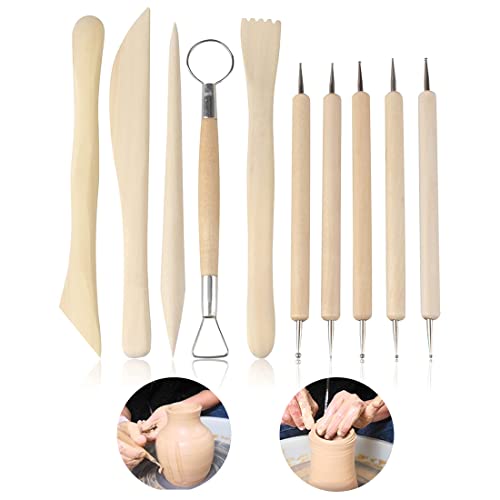 Zeayebsr 10 Pcs Polymer Clay Tools,Wooden Pottery Clay Sculpture Carving Tool Set,Pottery Sculpting Tools Set,Ceramic Clay Modeling Tool Kit for Pottery,Embossing, Ceramics Sculpture,Carving,Modeling