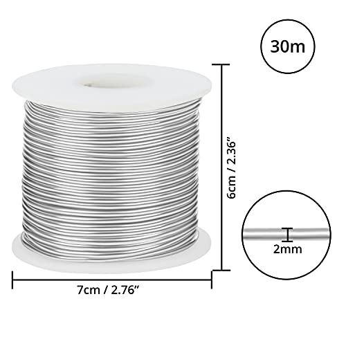 Belle Vous Silver Aluminium Craft Wire (30m) - 2mm Flexible & Bendy Metal Craft Rolls - For DIY Sculptures, Skeleton Modelling, Jewellery, Beading, Wreath Making & Bonsai Trees