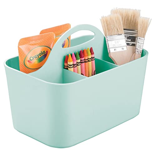 mDesign Art Supplies Organiser – Practical Plastic Arts and Crafts Storage Box with Carrying Handle – Desk Organiser with Compartments for Storing Many Items – Mint Green
