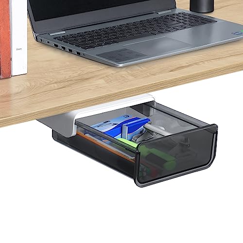 FNG8 Stick On Pull Out Drawer - Multipurpose Plastic Under Table Drawer with Self Adhesive Backing for Home Office Desk Accessories, School Supplies Organizer, Arts & Crafts Storage Tray