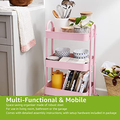 Amazon Basics 3-Layer Kitchen Trolley with 360 Degree Wheels for indoor and outdoor use, Dusty Pink