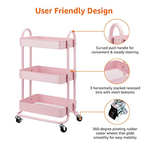Amazon Basics 3-Layer Kitchen Trolley with 360 Degree Wheels for indoor and outdoor use, Dusty Pink