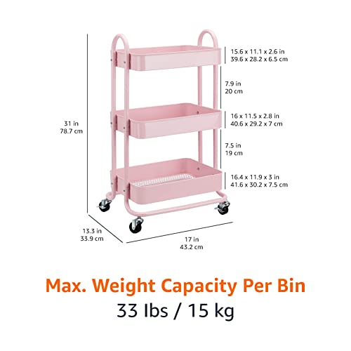 Amazon Basics 3-Layer Kitchen Trolley with 360 Degree Wheels for indoor and outdoor use, Dusty Pink