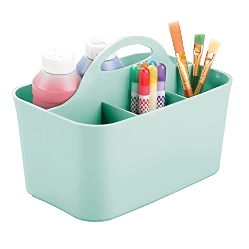 mDesign Art Supplies Organiser – Practical Plastic Arts and Crafts Storage Box with Carrying Handle – Desk Organiser with Compartments for Storing Many Items – Mint Green