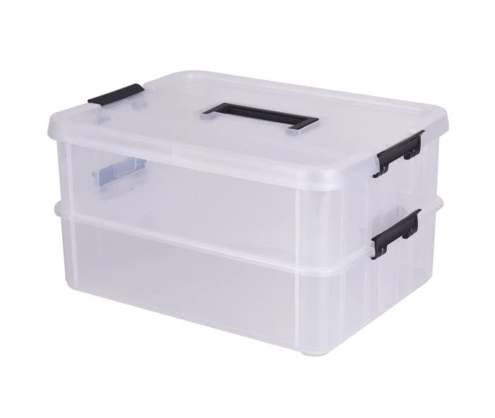 IGNPION 2-Tier Stackable Craft Storage Box Plastic Adjustable Storage Containers with Carry Handle Transparent Containers Organiser for Art & Craft Toys, Sewing Accessories, Black